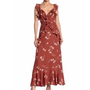 Astr Ruffle-Front Floral Maxi Dress in Rust with Cream Print